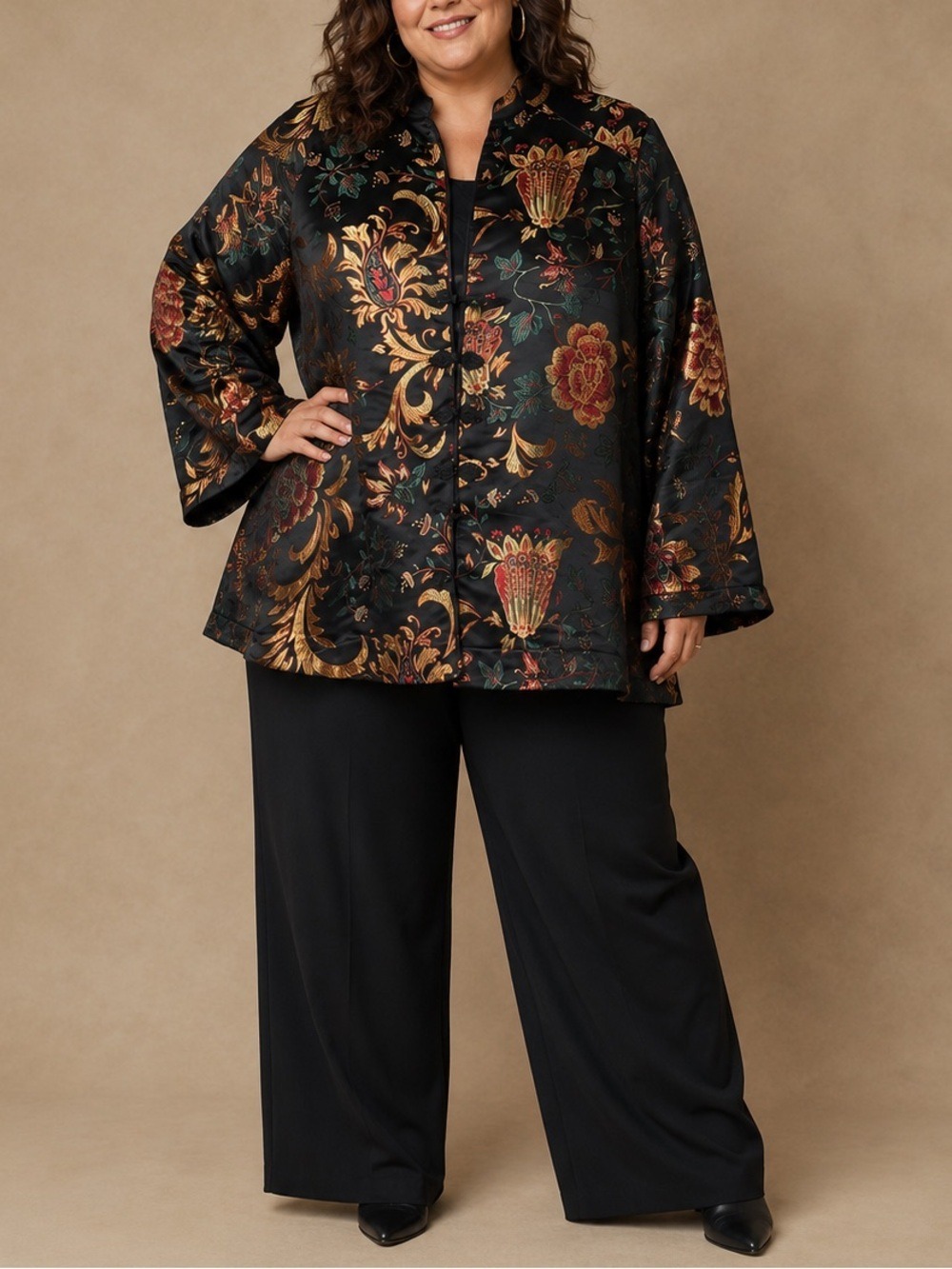 Soft Surroundings Moon Dynasty Black Satin Floral Brocade Jacket size 2X
